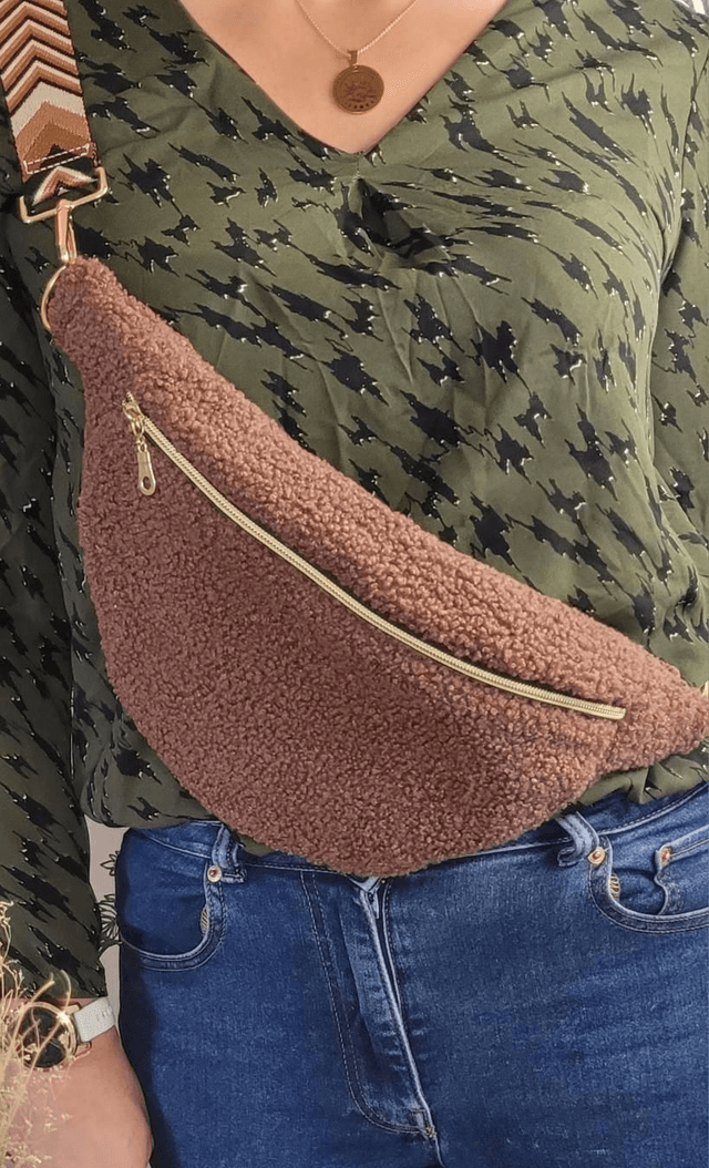 Banane sherpa bouclette marron avec bandoulière amovible