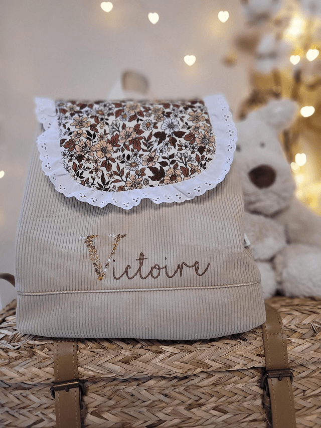 Sac marron clair tissu fleuri dentelle 