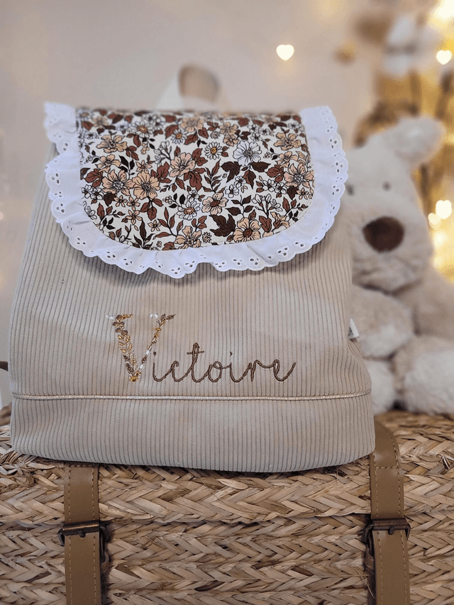 Sac marron clair tissu fleuri dentelle 